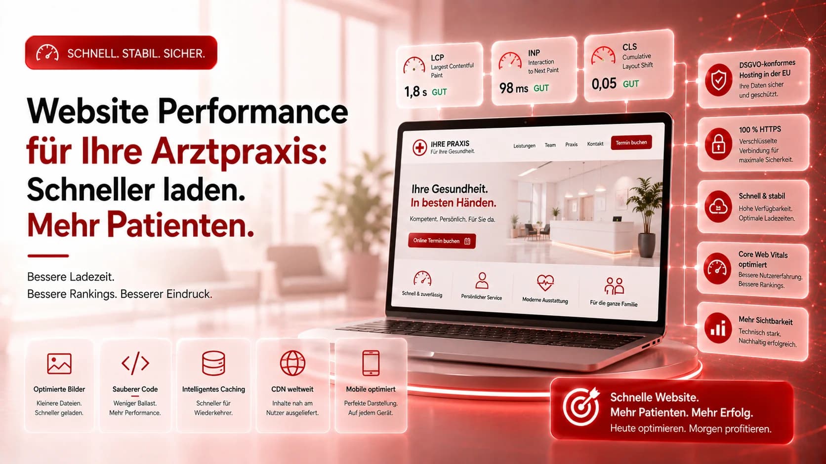 Website Performance Arztpraxis: Ladezeit, Core Web Vitals & sicheres Hosting