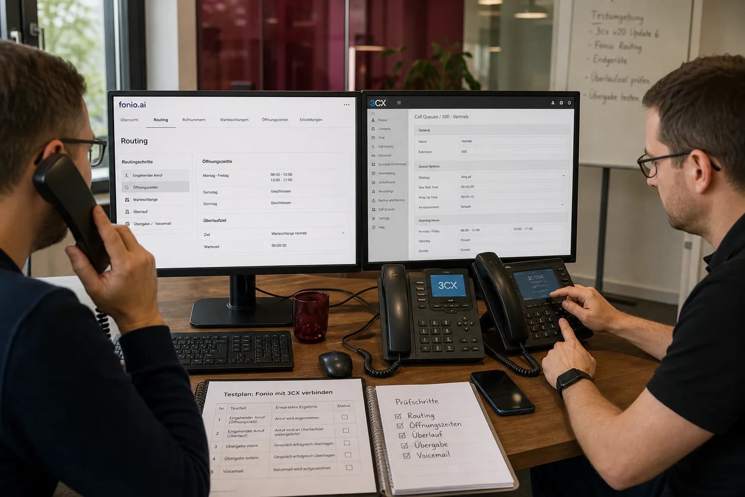 Fonio mit 3CX verbinden: Routing, Öffnungszeiten, Überlauf und Übergabe testen